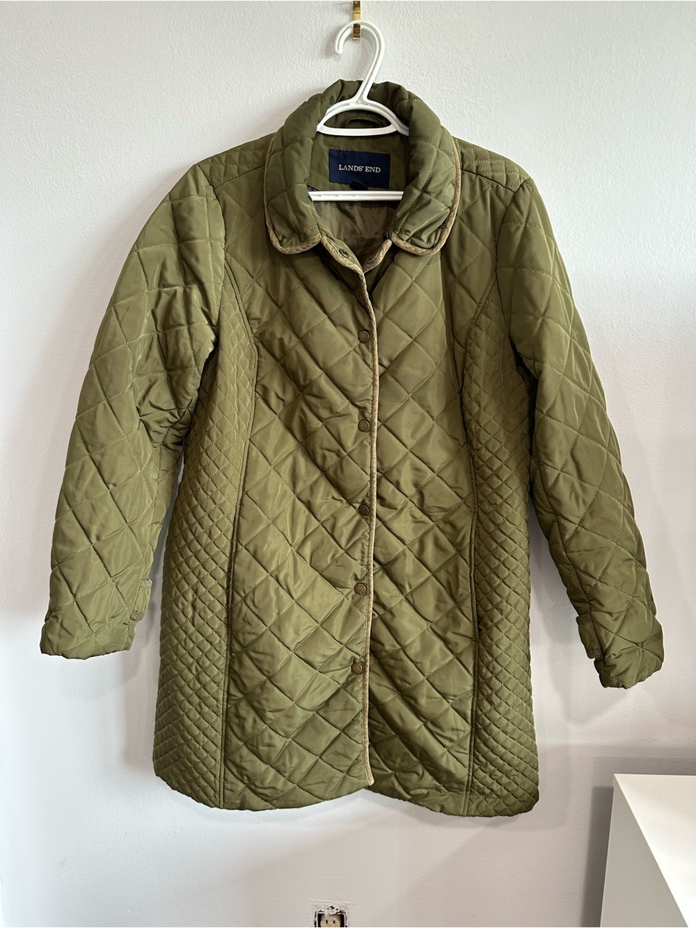 Lands’ End Women’s Olive Green Quilted Snap Front Jacket Coat Size 16